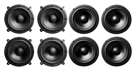 Collection of Eight High-Quality Circular Black Audio Speakers, Bundle Set Collection, Isolated on Transparent Background