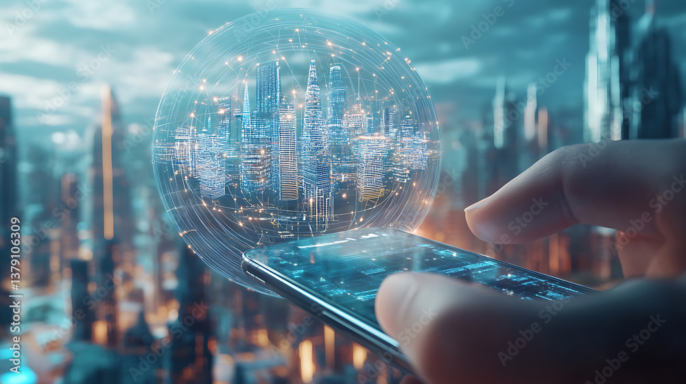 Poster Artificial intelligence looking at smart city, connected with planet through global mobile internet on phone futuristic modern 3d illustration