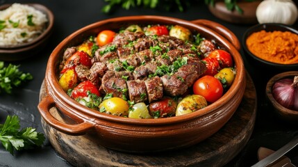 A Testi Kebab. The most popular Turkish dishes. Slow-cooked meat and vegetables cooked in a sealed clay pot, broken open just before serving.
