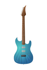 Naklejka premium A stylish blue electric guitar with a sleek wooden neck and metallic pickups. Perfect for rock, jazz, and metal music themes. Isolated on a white background