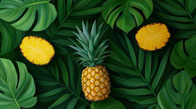   A painting of a pineapple surrounded by green leaves and yellow pineapples on a bed of green leaves can be optimized as Pineapple painting with yellow fruits and green fol