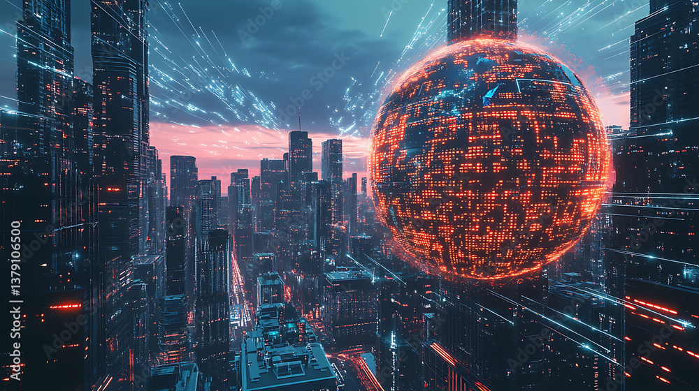 Poster artificial intelligence looking at smart city, connected with planet through global mobile internet 