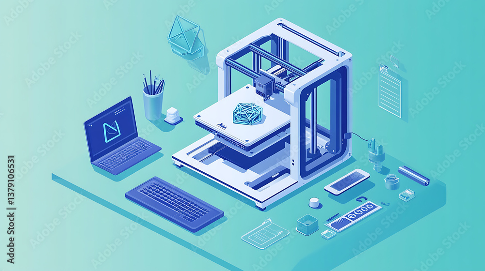 Leinwandbilder isometric illustration of 3d printer with laptop on desk with photopolymer lcd 3d printer printed mo
