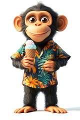 Cheerful cartoon monkey in floral shirt holding ice cream cone on white background. Concept of tropical summer vacation, family travel marketing, and fun branding for seasonal campaigns