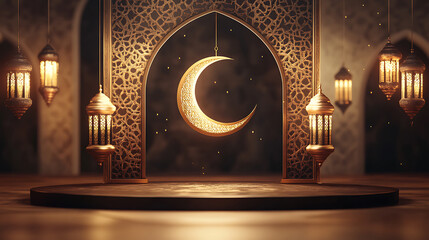 Islamic ramadan kareem display podium background with 3d of arabian lantern and crescent moon, beautiful muslim invitation with ramadan, eid mubarak, religion background, ai