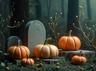 four pumpkins arranged on gray stones in an autumnal forest setting