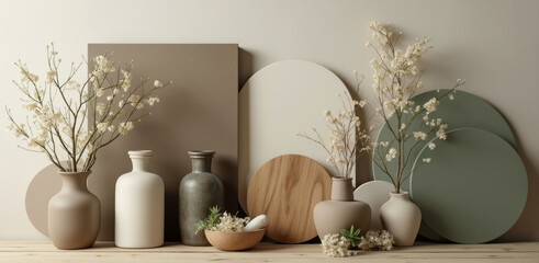 Fototapeta premium dried flower arrangement in neutral-toned vases and ceramic vessels