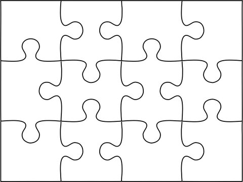 12-piece jigsaw puzzle template, transparent background, isolated PNG.