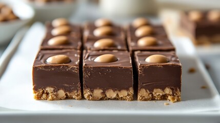 Decadent chocolate fudge piled high on a white tray. Rich, dark layers and a soft background create a tempting treat