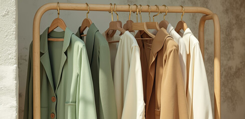Obraz premium five earth-toned jackets displayed on a wooden clothing rack