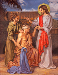 FLORENCE, ITALY - MARCH 21, 2025: The painting of Healing the man blind from birth in the church Chiesa di San Francesco by Masha Mugone 
