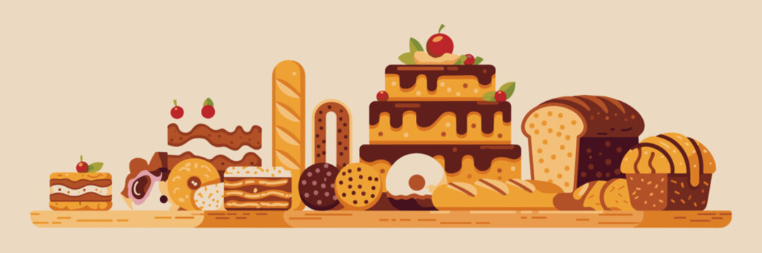 Vector illustration of assorted baking and dessert items on a wooden board