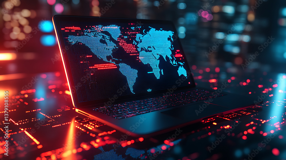 Poster Laptop with world map for data processing complexity graphs and analytical diagrams in technology background bright neon dark