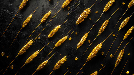 Obraz premium Golden Einkorn grains arranged in an artistic manner on a dark background, highlighting their unique shape and texture.