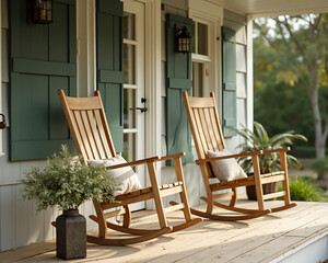 two wooden rocking chairs on a sunny porch