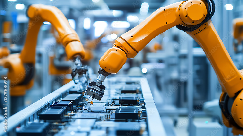 Poster Automated robotic arms assembling components in a high-tech electronics manufacturing facility