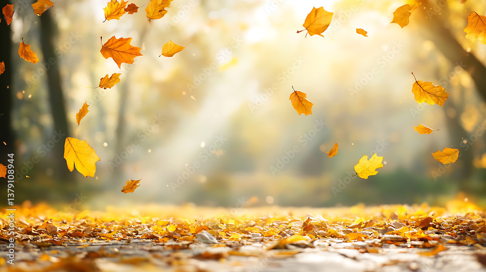 Aufkleber autumn background with golden autumn leaves falling on the ground in a forest