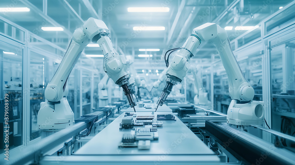 Aufkleber Automated robotic arms assembling components in a high-tech electronics manufacturing facility