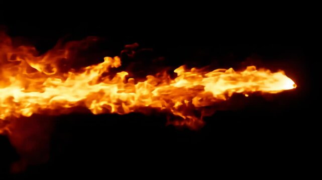 a bright stream of fire extending horizontally against a black background, intense flames captured mid-motion.

