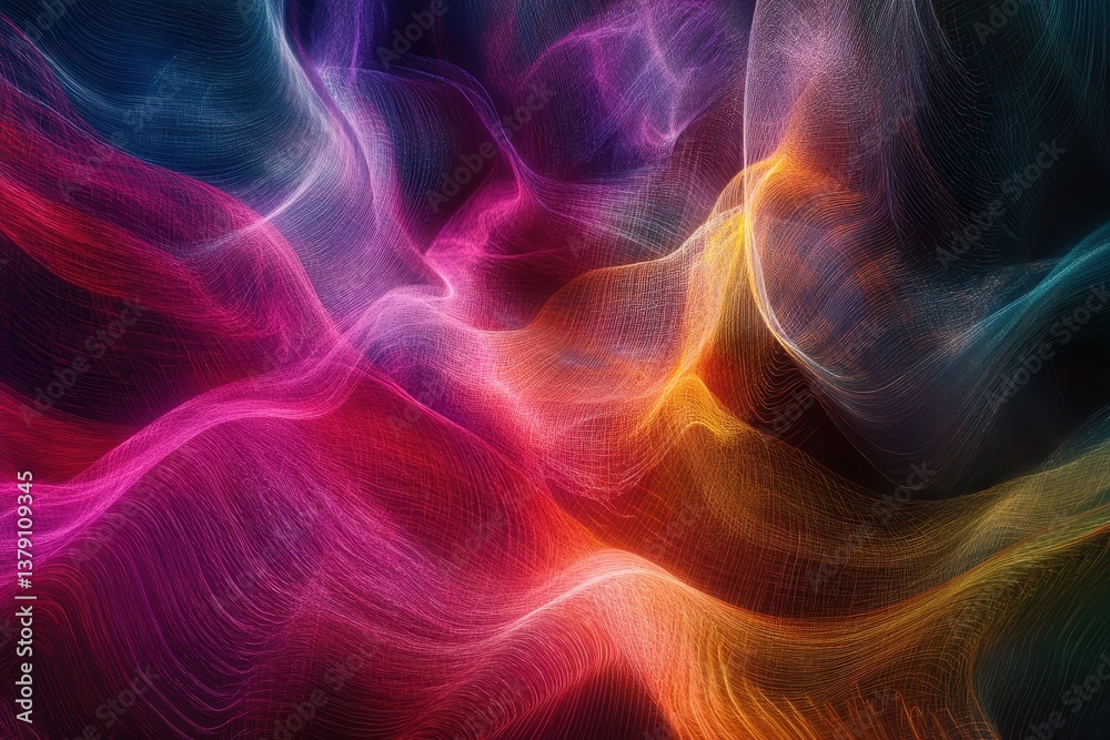 Poster abstract representation of a colorful wave pulsating in the dark creating a mesmerizing visual patte