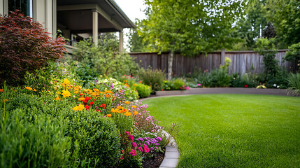 Fototapeta premium Lawn and flower bed with shrubs in the backyard