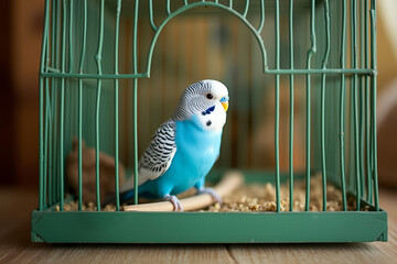 blue budgie perched in a teal birdcage