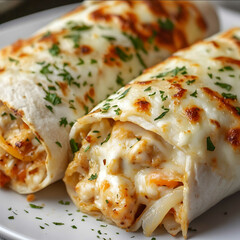 Image of two cheesy garlic chicken wraps on a white plate The wraps are goldenbrown and crispy filled with chunks of cooked chicken topped with melted mozzarel