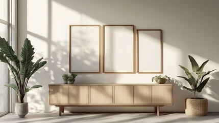 Light exhibition room interior with sideboard and decoration, mockup frames