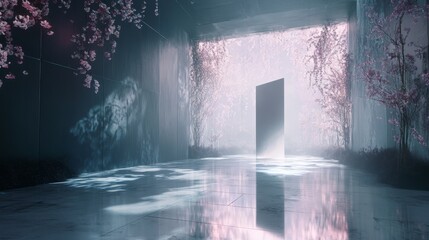  Mystical room with cherry blossoms and glowing monolith