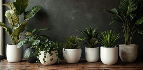 five lush potted plants arranged on a rustic wooden surface
