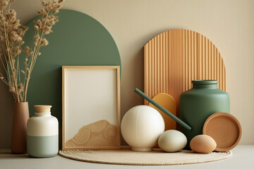 artful arrangement of home decor objects in a neutral palette