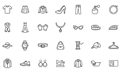 A fashion-themed outline icon set featuring clothing, accessories, tailoring tools, and beauty essentials. Perfect for fashion designers, boutiques, and branding.


