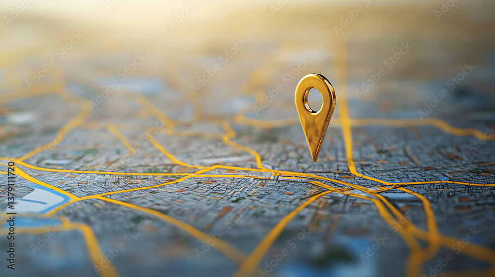 Poster location marking with a pin on a map with routes, find your way, adventure, discovery, navigation, c