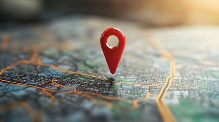 Location marking with a pin on a map with routes, find your way, adventure, discovery, navigation, communication, logistics, geography, transport and travel theme concept background