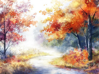 Watercolor painting of autumn forest path with vibrant orange and red trees in misty landscape with sunlight streaming through
