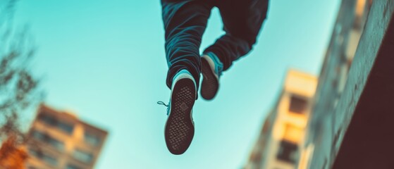 High action capture of a person leaping through the air against a backdrop of modern architecture, conveying energy and freedom in motion.