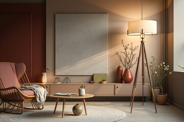 pink rocking chair and wooden tripod lamp in a minimalist living room