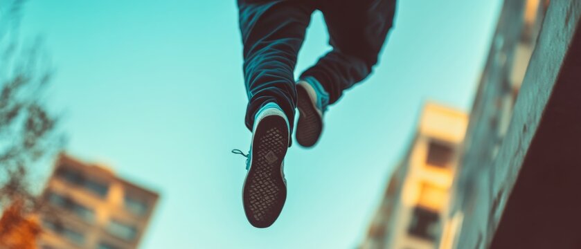 High action capture of a person leaping through the air against a backdrop of modern architecture, conveying energy and freedom in motion.