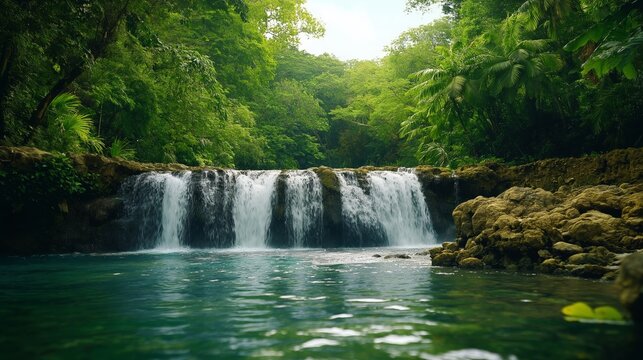 Serene tropical waterfall flowing into calm jungle pool surrounded by lush greenery - Powered by Adobe