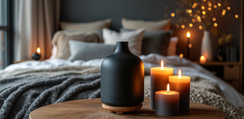black essential oil diffuser and candles on wooden table in bedroom setting