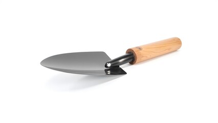 Garden Trowel: A detailed shot of a sturdy garden trowel with a wooden handle, ready for digging and planting in soil.