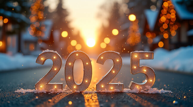 illuminated 2025 sign in snowy winter scene