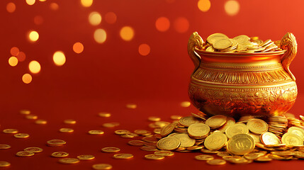Beautiful akshaya tritiya background with a pot filled with gold coins