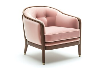 Fototapeta premium Sophisticated pastel blush lounge chair with a luxurious velvet finish and sturdy wooden frame, isolated on white.
