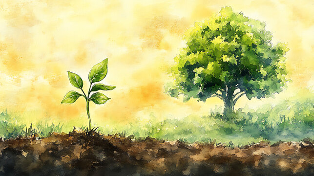 The mustard seed, watercolor illustration of a seed and a big tree in the background
