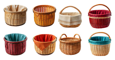 Assorted Woven Baskets in Various Colors and Designs for Storage, PNG bundle collection, Isolated on Transparent Background