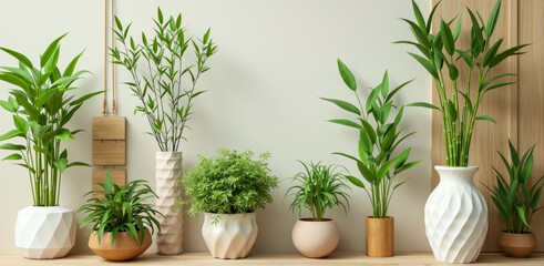 Fototapeta premium collection of potted plants with various leafy greens arranged on a wooden shelf
