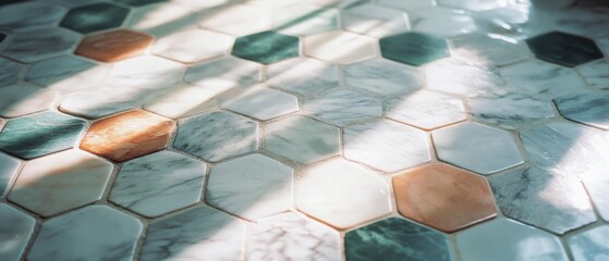 Hexagonal tiles create a geometric pattern as sunlight streams across, highlighting their earthy tones and textures.