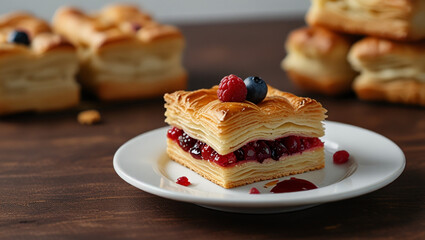 a piece of puff cake with cherries on the table