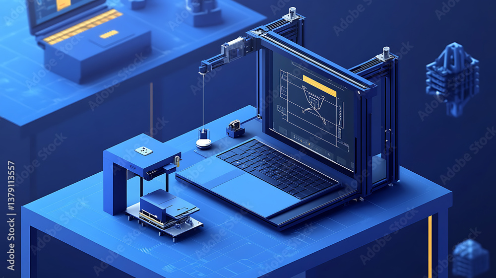 Fototapete three-dimensional printer, laptop on table in workshop of additive 3d maker, isometric printing conc